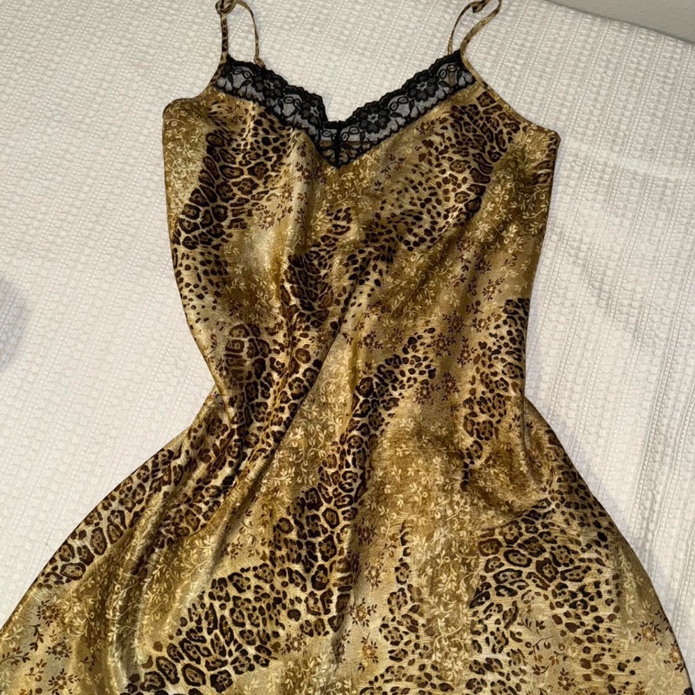 Leopard Print Satin Slip Dress with Lace Trim